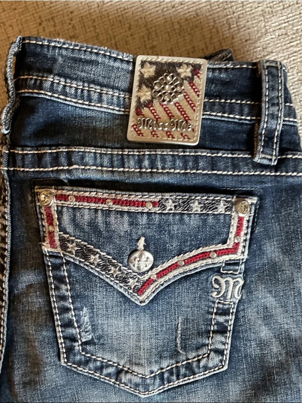 Miss Me Ankle Skinny Embellished USA Red White Blue Bling Jeans 32 Patriotic - Picture 2 of 13